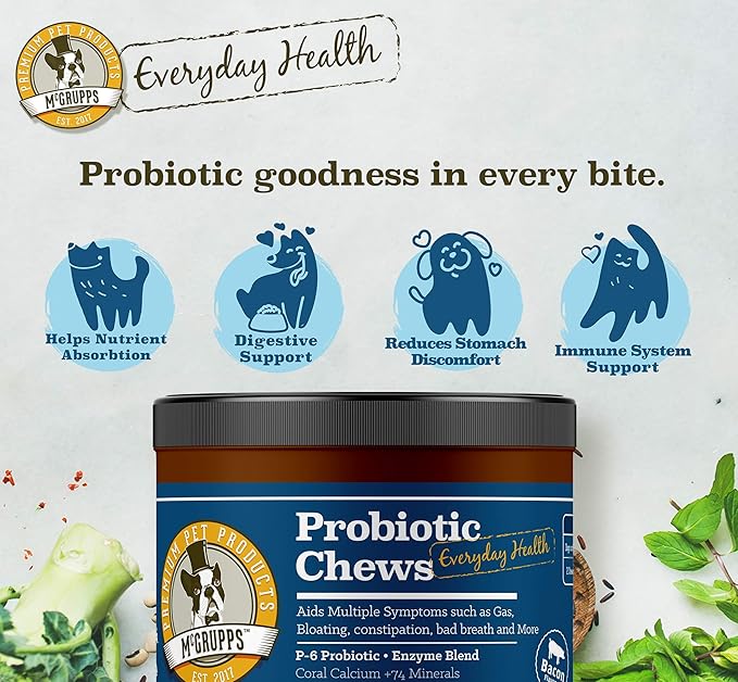 Probiotic Chews for Dogs - with Natural Digestive Enzymes + Prebiotics - for Diarrhea & Upset Stomach Relief + Gas & Constipation - Allergy & Immune + Hot Spots - Made in The USA - 130 Ct