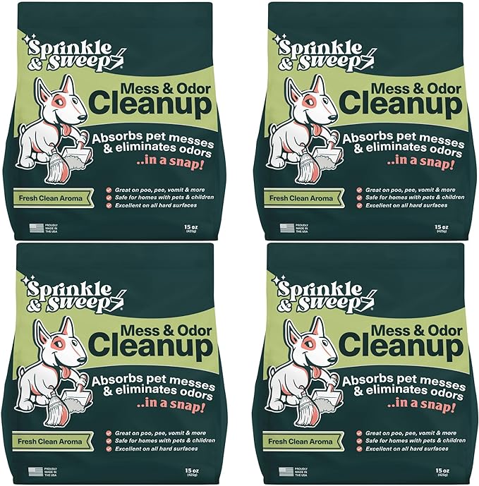 Sprinkle & Sweep Pet Accident Cleanup for all Hard Surface - Non Toxic Quick Pet Mess Cleaner & Odor Remover for Urine, Poop, Vomit, Diarrhea & Potty Training 4 Pack (15oz Each)
