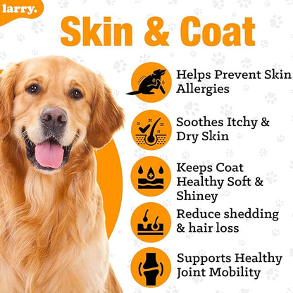 Salmon Oil for Dogs Skin and Coat by Larry | Dog Supplements for Itchy Skin & Allergy Relief | Omega 3, 4, DHA, & EPA for Skin, Coat, Bone, & Joint Health | for All Breeds & Sizes, (120 Soft Chews)