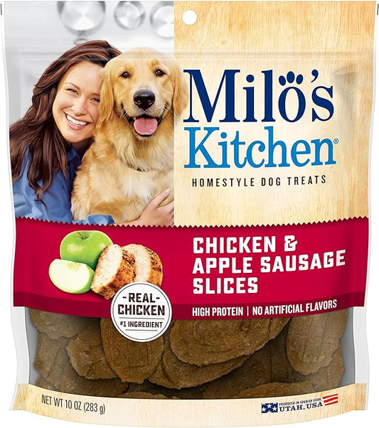Milo's Kitchen Homestyle Dog Treats, Chicken & Apple Sausage Slices, 10 Ounce (Pack of 5), High Protein, No Artifical Flavors
