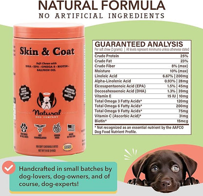 Natural Dog Company Skin & Coat Chews, Salmon & Peas Flavor, Dog Vitamins and Supplements for Healthy Skin & Coat, Itch Relief for Dogs with Allergies, with Biotin, Vitamin E, Omega 3, 180 Count