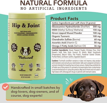 Natural Dog Company Hip & Joint Chews, Chicken Liver & Turmeric Flavor, with Glucosamine Chondroitin for Dogs, Maintains Bone and Joint Health, Supplements for Seniors and Puppies, 180 Count