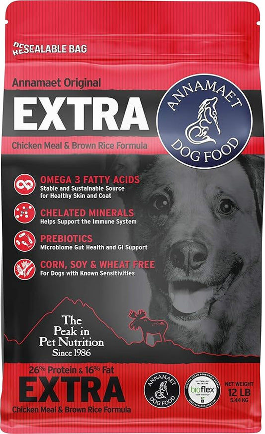 Annamaet Original Extra Formula Dry Dog Food, 26% Protein (Chicken & Brown Rice), 12-lb Bag