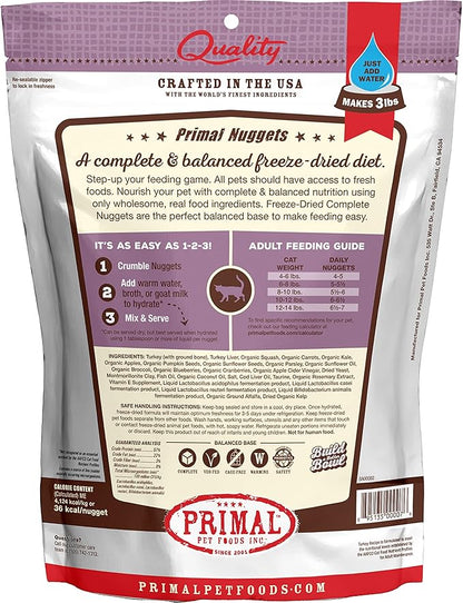 Primal Freeze Dried Cat Food Nuggets Turkey; Complete & Balanced Meal or Topper; Premium, Healthy, Grain Free, High Protein Raw Cat Food with Probiotics (14 oz)