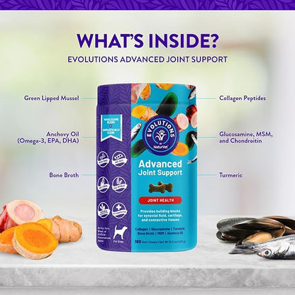 Evolutions by NaturVet Advanced Joint Support 180ct Soft Chews for Dogs - Anchovy Oil, Bone Broth, Collagen, Glucosamine, Turmeric, MSM - Helps Support Synovial Fluid, Cartilage, Connective Tissues