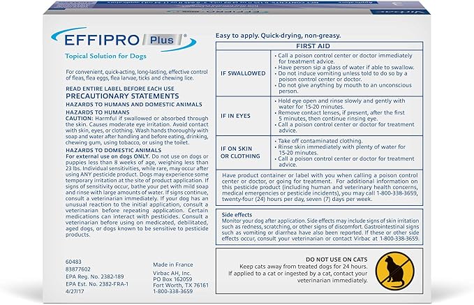 Effipro Plus Topical Solution for Dogs - for Dog Flea and Tick for Medium Dogs (23-44.9lbs), 3 Doses, Waterproof Topical Prevention (by Virbac)