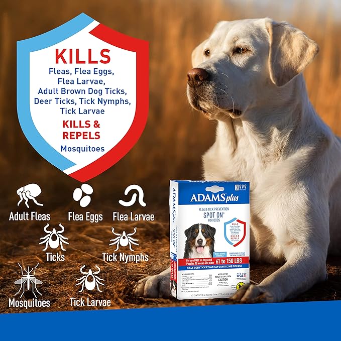 Adams Plus Flea & Tick Prevention Spot On for Dogs 61-150 Pounds, 12 Weeks & Older, 3-Month Supply, Kills Fleas, Flea Eggs, Flea Larvae & Brown Dog & Deer Ticks, Kills & Repels Mosquitoes For 30 Days