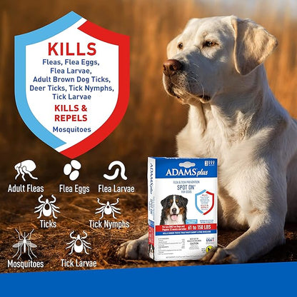 Adams Plus Flea & Tick Prevention Spot On for Dogs 61-150 Pounds, 12 Weeks & Older, 3-Month Supply, Kills Fleas, Flea Eggs, Flea Larvae & Brown Dog & Deer Ticks, Kills & Repels Mosquitoes For 30 Days
