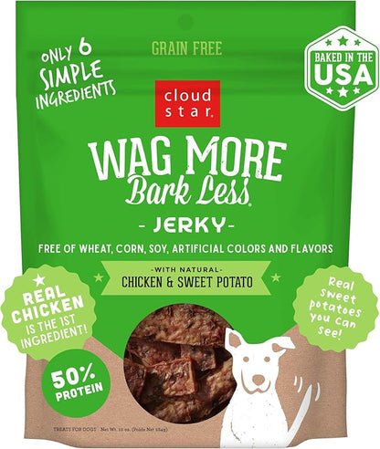 Cloud Star Wag More Bark Less Chicken & Sweet Potato Recipe Grain-Free Jerky Dog Treats 10 Ounce Bag, Model: 693804191113