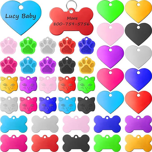 40 Pieces Pet ID Tag Colorful Blank Dog Tags Personalized Dog Tags Aluminum Pet Name with Bone Paw Heart Cat Head Shape Pet Name Phone Number ID Craft Tags with Holes for Dogs Cats Pets