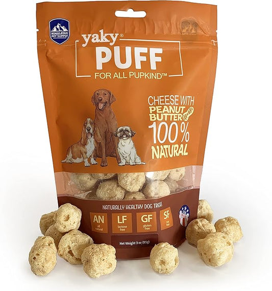 | yakyPUFF Himalayan Cheese Treats | Lactose Free | Gluten Free | Grain Free | USA MADE | For All Breeds | Peanut Butter Flavor Crispy Puffed Treat