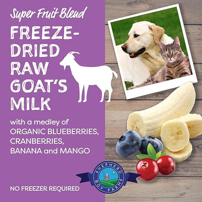 Freeze Dried Raw Goats Milk with Probiotics for Dogs & Cats (Super Fruits), Organic USA Fruits, Digestible Goat Milk Powder, Raw Nutrition, High Protein Food Toppers