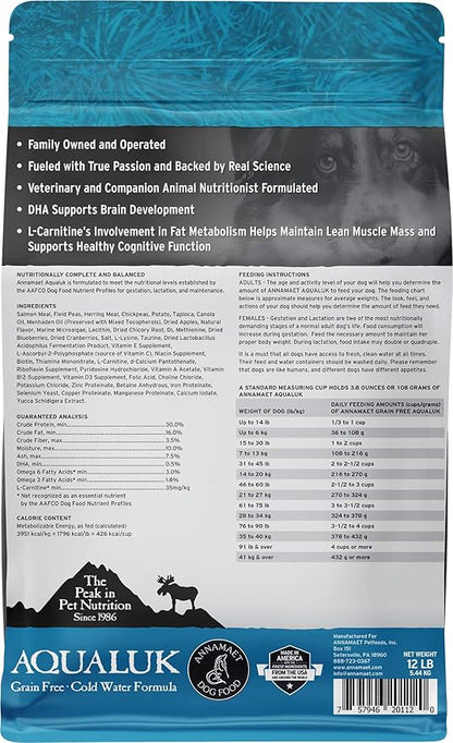 Annamaet Grain-Free Aqualuk Cold Water Fish Formula Dry Dog Food, (Salmon & Herring), 12-lb Bag