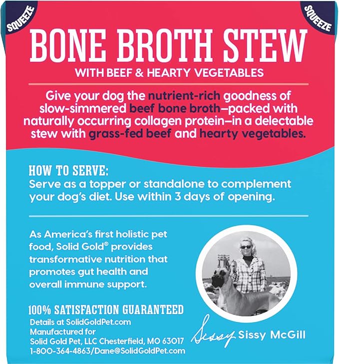 Solid Gold Bone Broth Stew - Dog Food Topper & Dog Treat Rich in Natural Collagen for Gut Health - Grain Free Formula Packed with Protein & Hearty Vegetables - Great for Picky Eaters - 6 Pack