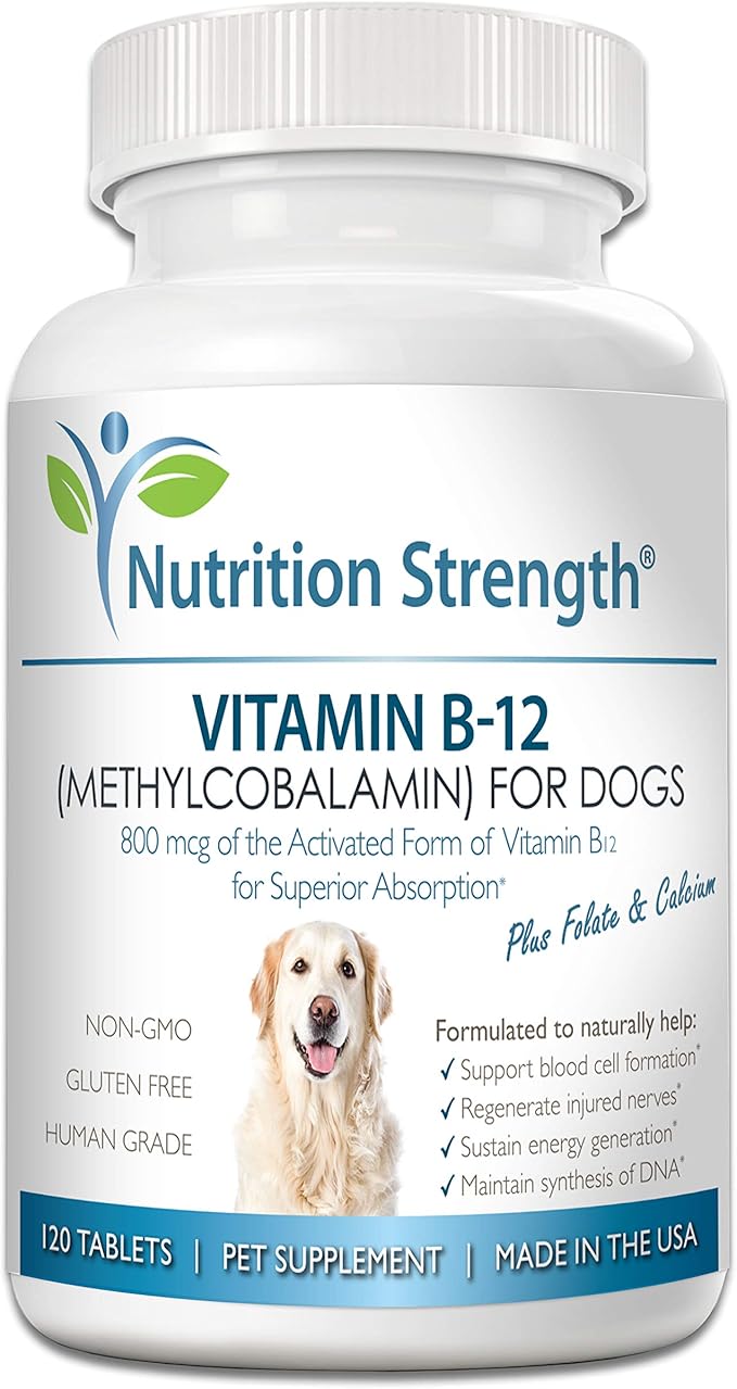 Vitamin B12 for Dogs Plus Folate & Calcium, Support the Nervous System & Blood Cell Formation, Help Sustain Cellular Energy Generation & Maintain DNA Synthesis, 120 Chewable Tablets