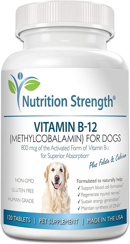 Vitamin B12 for Dogs Plus Folate & Calcium, Support the Nervous System & Blood Cell Formation, Help Sustain Cellular Energy Generation & Maintain DNA Synthesis, 120 Chewable Tablets