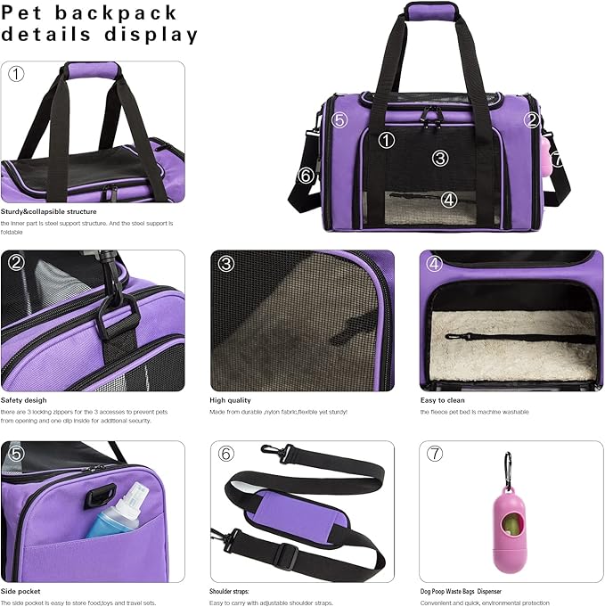 Cat Carrier Dog Carrier Pet Carrier Cat Bags for Small Medium Cats Dogs Puppies of 15 Lbs,of Airline Approved Small Dog Bag Soft Sided,Collapsible Travel Puppy Carrier(Medium, Purple)