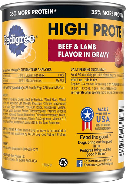 PEDIGREE High Protein Adult Canned Wet Dog Food, Beef & Lamb Flavor in Gravy, (12) 13.2 oz. Cans