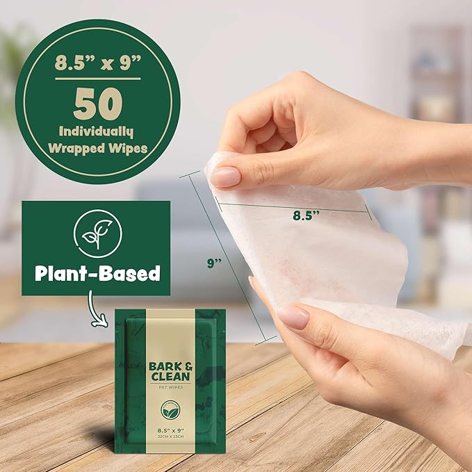 Dog Wipes for Cleaning and Deodorizing - Box of 50 Individually Wrapped 8.5" x 9" Bamboo Pet Wipes - Compostable, Hypoallergenic Puppy Wipes - Dog Wipes for Paws, Butt, and Body