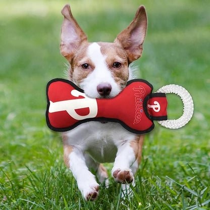 MLB Philadelphia Phillies Bone Shaped DENTAL DOG TUG TOY with SQUEAKER. TOUGH PET TOY for Healthy Fun, Teething, and Cleaning pet's teeth and gum.