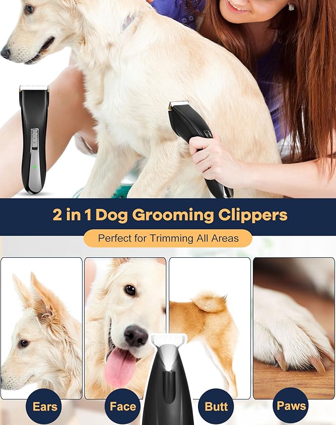 Dog Clippers Grooming Kit, 2 in 1 Professional Dog Clippers for Thick Heavy Coats, Low Noise Dog Paw Trimmer with LED Light, Cordless Rechargeable Pet Hair Shaver for Small & Large Dogs Cats