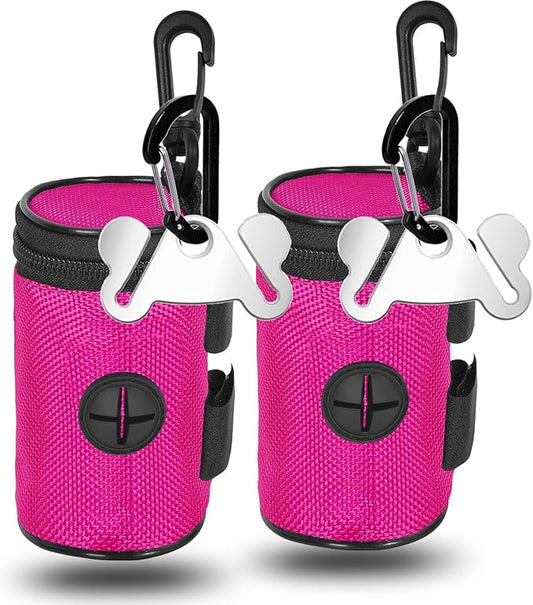 2 Pack Dog Poop Bag Holder for Leash Attachment - Waste Bag Dispenser for Leash - Fits Any Dog Leash - Portable Set with Hand Free Holder Metal Carrier, Round Style, Pink