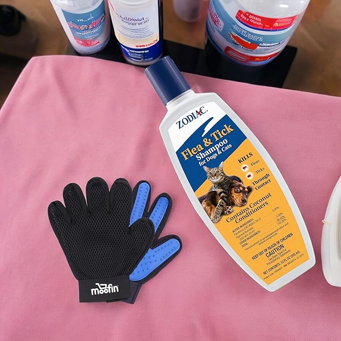 Pet Flea and Tick Shampoo for Dogs and Cats, 12 oz - Bundle with Moofin Pet Hair Removing Glove, Anti Itch Dog Shampoo, Kills Fleas & Ticks on Contact, Fresh Scent [Pack of 6]