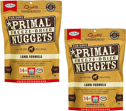 Primal Freeze Dried Dog Food Nuggets, Lamb; Complete & Balanced Meal; Also Use as Topper or Treat; Premium, Healthy, Grain Free, High Protein Raw Dog Food, 14 oz (Pack of 2)
