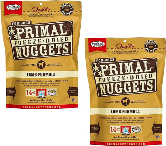 Primal Freeze Dried Dog Food Nuggets, Lamb; Complete & Balanced Meal; Also Use as Topper or Treat; Premium, Healthy, Grain Free, High Protein Raw Dog Food, 14 oz (Pack of 2)
