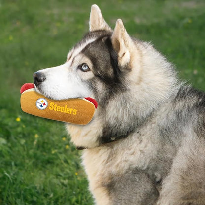 Pets First NFL PITTSBURGH STEELERS HOT DOG PLUSH DOG & CAT SQUEAK TOY - Cutest HOT-DOG SNACK Plush Toy for DOGS & CATS with INNER SQUEAKER & Beautiful Football Team Name/Logo