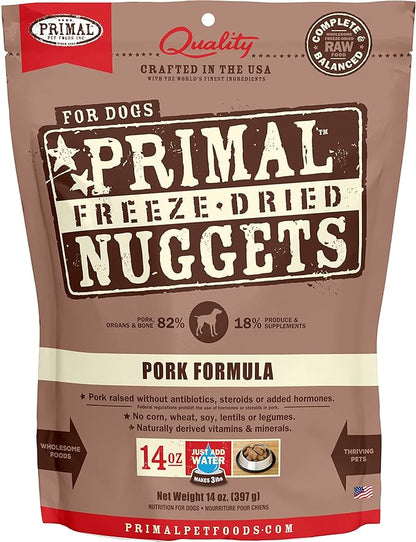 Primal Freeze Dried Dog Food Nuggets, Pork; Complete & Balanced Meal; Also Use as Topper or Treat; Premium, Healthy, Grain Free, High Protein Raw Dog Food, 14 oz