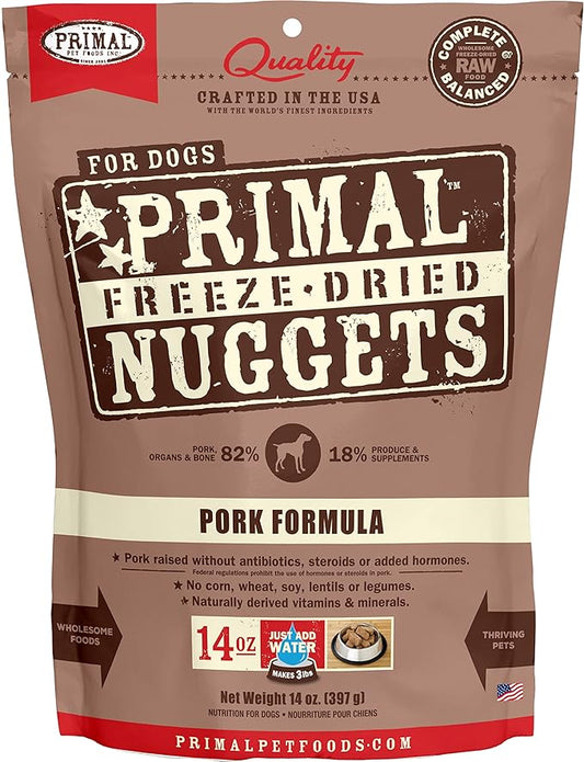 Primal Freeze Dried Dog Food Nuggets, Pork; Complete & Balanced Meal; Also Use as Topper or Treat; Premium, Healthy, Grain Free, High Protein Raw Dog Food, 14 oz