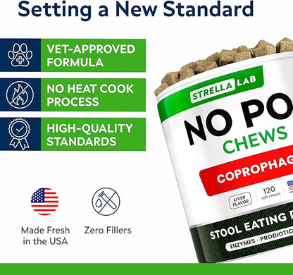 STRELLALAB No Poo Chews for Dogs - Coprophagia Stool Eating Deterrent - No Poop Eating for Dogs - Digestive Enzymes - Gut Health & Immune Support - Stop Eating Poop - Chicken Liver Flavor 120Chews