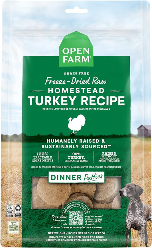 Open Farm Freeze Dried Raw Patties for Dogs, Humanely Raised Meat Recipe with Non-GMO Superfoods and No Artificial Flavors or Preservatives, Homestead Turkey Recipe, 10.5oz