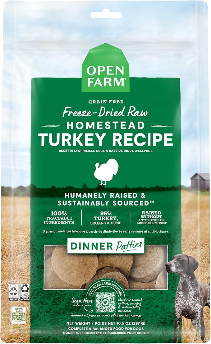 Open Farm Freeze Dried Raw Patties for Dogs, Humanely Raised Meat Recipe with Non-GMO Superfoods and No Artificial Flavors or Preservatives, Homestead Turkey Recipe, 17.5oz