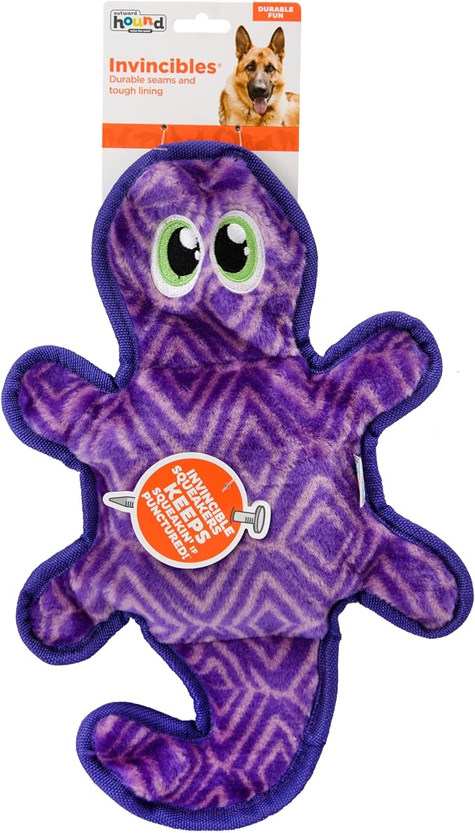 Outward Hound Durablez Tough Plush Squeaky Dog Toy, Gecko, Purple, Medium