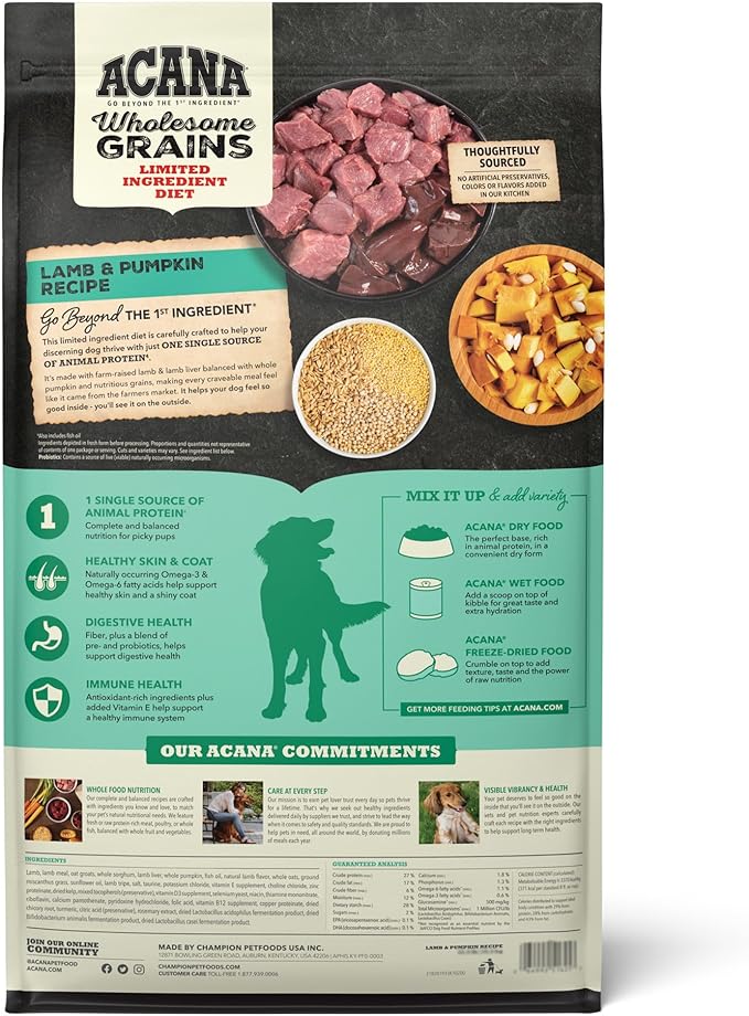 ACANA Wholesome Grains Dry Dog Food, Lamb & Pumpkin Recipe, 22.5lb