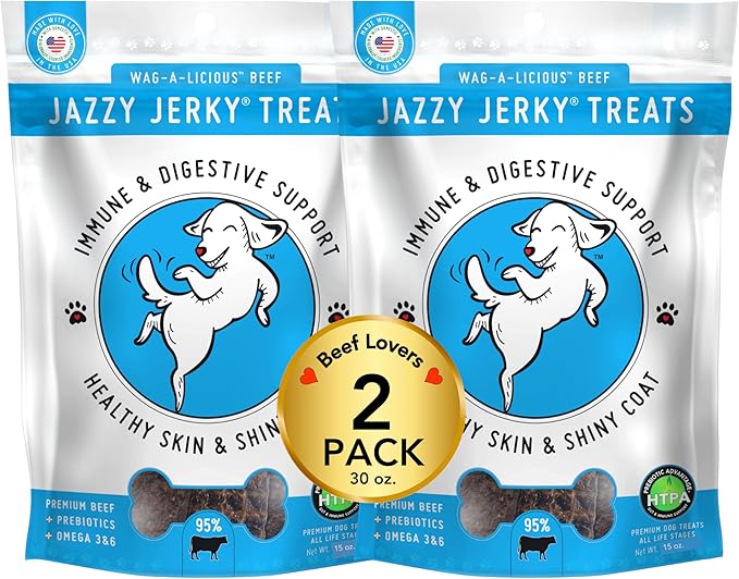 Jazzy Jerky Treats, Wag-A-Licious Beef 2-PACK, 95% Protein, Prebiotics for Gut & Immune Health, Omega 3s & 6s for Skin & Coat Health, Made in USA, All Ages, (Two 15 oz bags)