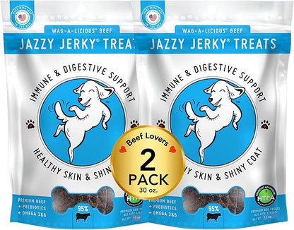 Jazzy Jerky Treats, Wag-A-Licious Beef 2-PACK, 95% Protein, Prebiotics for Gut & Immune Health, Omega 3s & 6s for Skin & Coat Health, Made in USA, All Ages, (Two 15 oz bags)