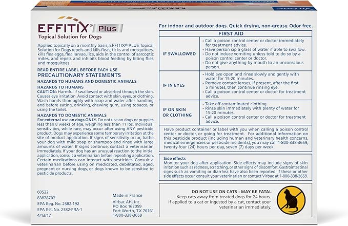 Effitix Plus Topical Solution for Dogs - Flea and Tick for Small Dogs (11-22.9lbs), 3 Doses, Waterproof Topical Prevention (by Virbac)