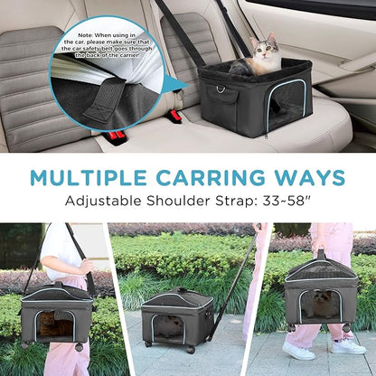 Airline Approved Cat Dog Carrier w Silent Wheel, Pet Carriers for Small Dogs Cats, Soft Travel Carrier Bag w Handle and Shoulder,Ideal for Outdoor (Black)