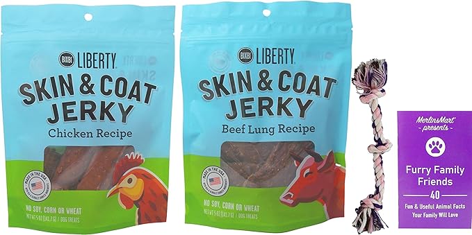 Bixbi Liberty Skin & Coat Jerky Dog Treats 2 Flavor Variety, (1) Each: Beef Lung, Chicken (5 Ounces) Plus Rope Toy and Fun Facts Booklet Bundle
