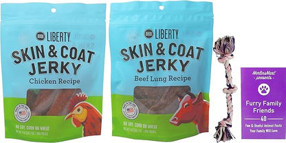 Bixbi Liberty Skin & Coat Jerky Dog Treats 2 Flavor Variety, (1) Each: Beef Lung, Chicken (5 Ounces) Plus Rope Toy and Fun Facts Booklet Bundle