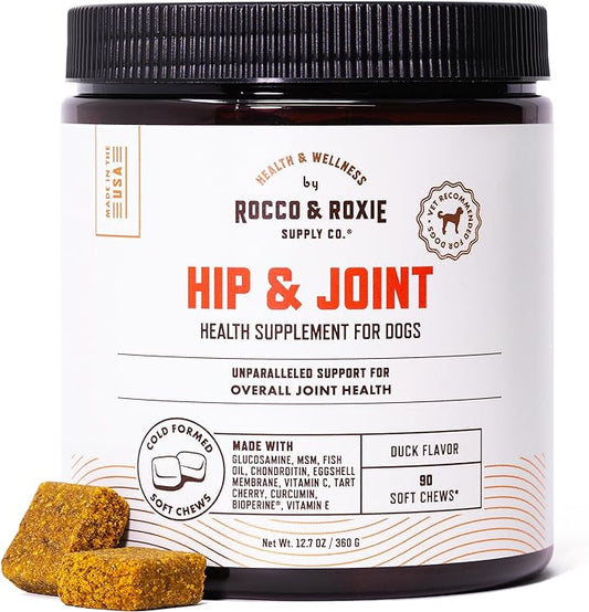 Rocco & Roxie Glucosamine Hip and Joint Supplement for Dogs, Dog Supplements & Vitamins to Support Mobility, Omega 3 and Chondroitin Plus MSM, Dog Health Supplies Large & Small Breed - 90 Soft Chews
