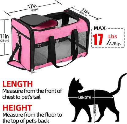 Soft Sided Cat/Dog Carrier,Collapsible Pets Travel Carriers for Pet/Puppy with Shoulder Strap & Removable Mat,Mesh Top Load Small Dogs/Cats Carry Bag Up to 17 Lbs TSA Airline Approved（Pink,M）