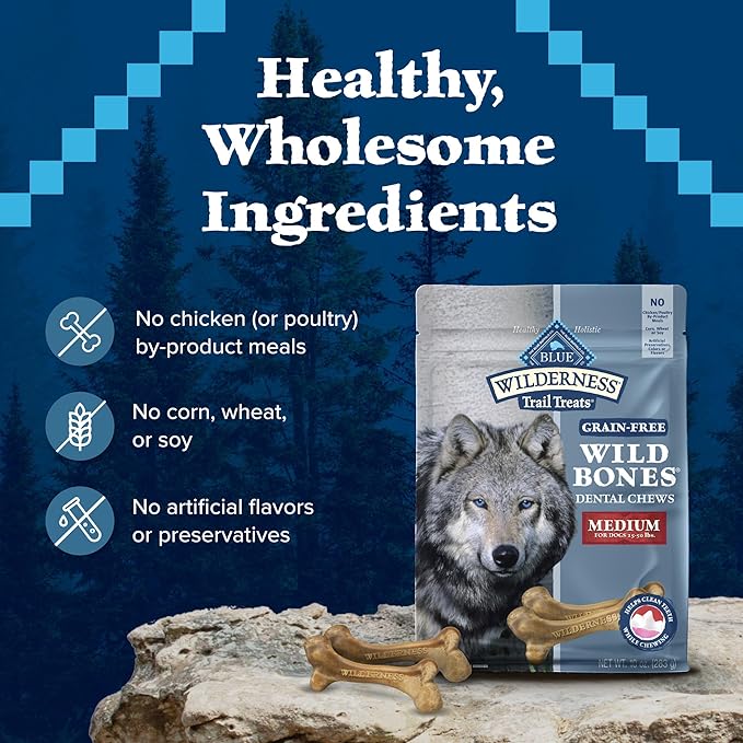 Blue Buffalo Wilderness Wild Bones Grain-Free Dental Chews Dog Treats, Medium, 10-oz Bag