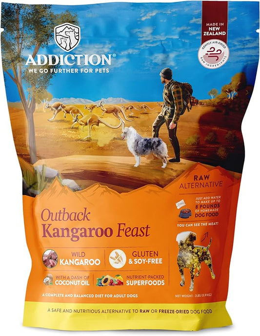 Addiction Outback Kangaroo Feast Raw Alternative Dog Food - Gently Air-Dried Complete Meal or Dog Food Topper for Digestive and Skin and Coat Health, 2 lb