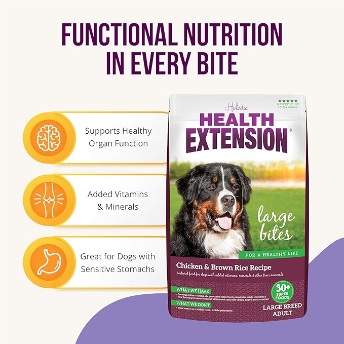 Health Extension Large Bites Dry Dog Food, Natural Food for Adult Large Breed Dogs with added Vitamins & Mineral, Chicken & Brown Rice Recipe (30 lb / 13.6 kg)
