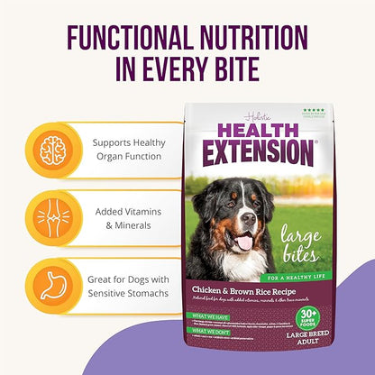 Health Extension Large Bites Dry Dog Food, Natural Food for Adult Large Breed Dogs with added Vitamins & Mineral, Chicken & Brown Rice Recipe (30 lb / 13.6 kg)