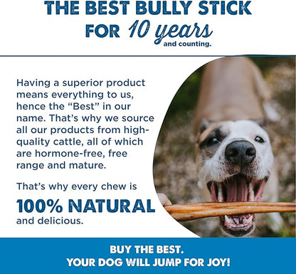 Best Bully Sticks All Natural 12 Inch Thick Bully Sticks for Large Dogs - 100% Free-Range Grass-Fed Beef - Single-Ingredient Grain & Rawhide Free Dog Chews - 10 Pack
